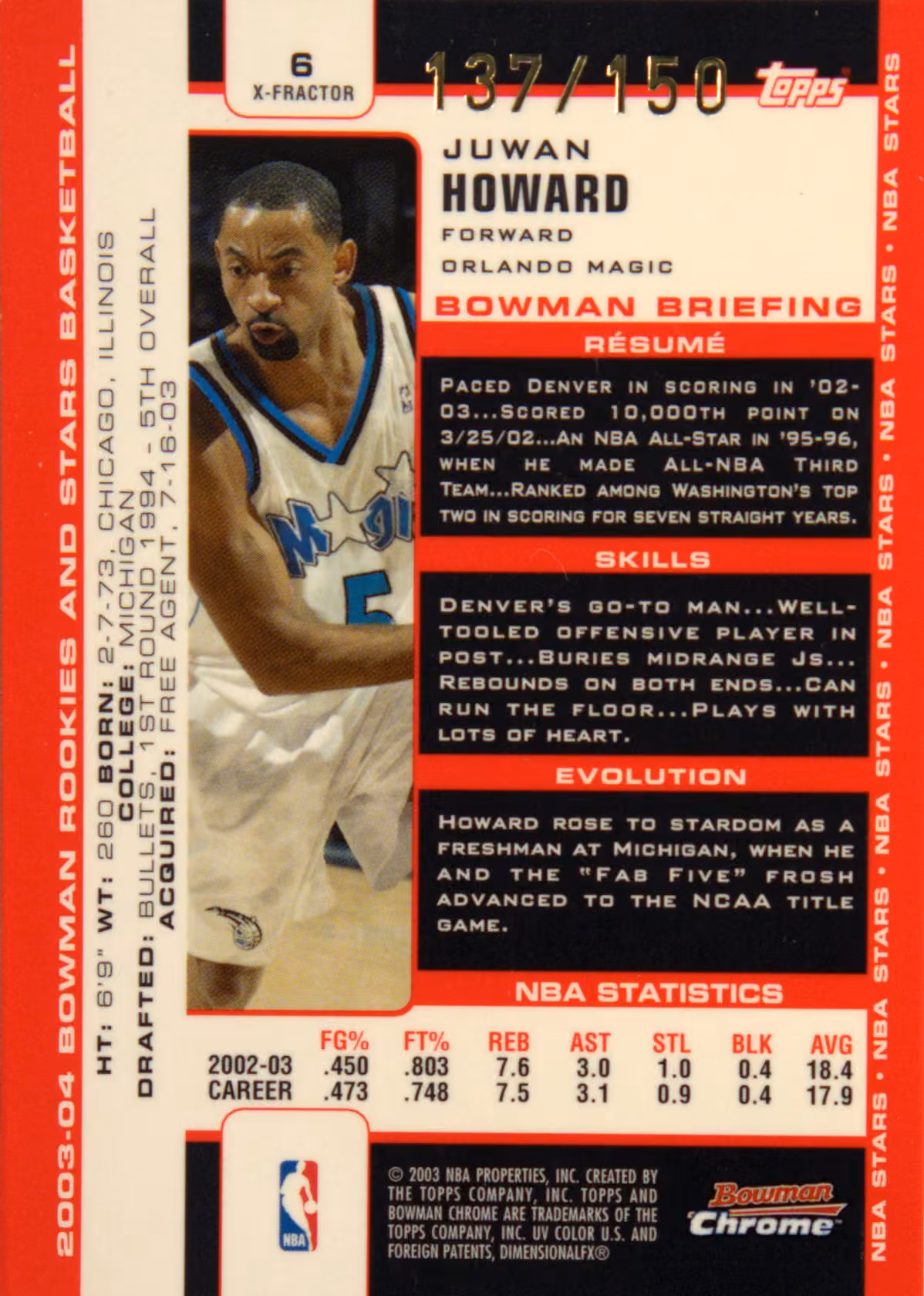 Back scan of 2003-04 Topps Bowman's Best Juwan Howard showing stats for Orlando Magic - Juwan Howard Collector Private Collection