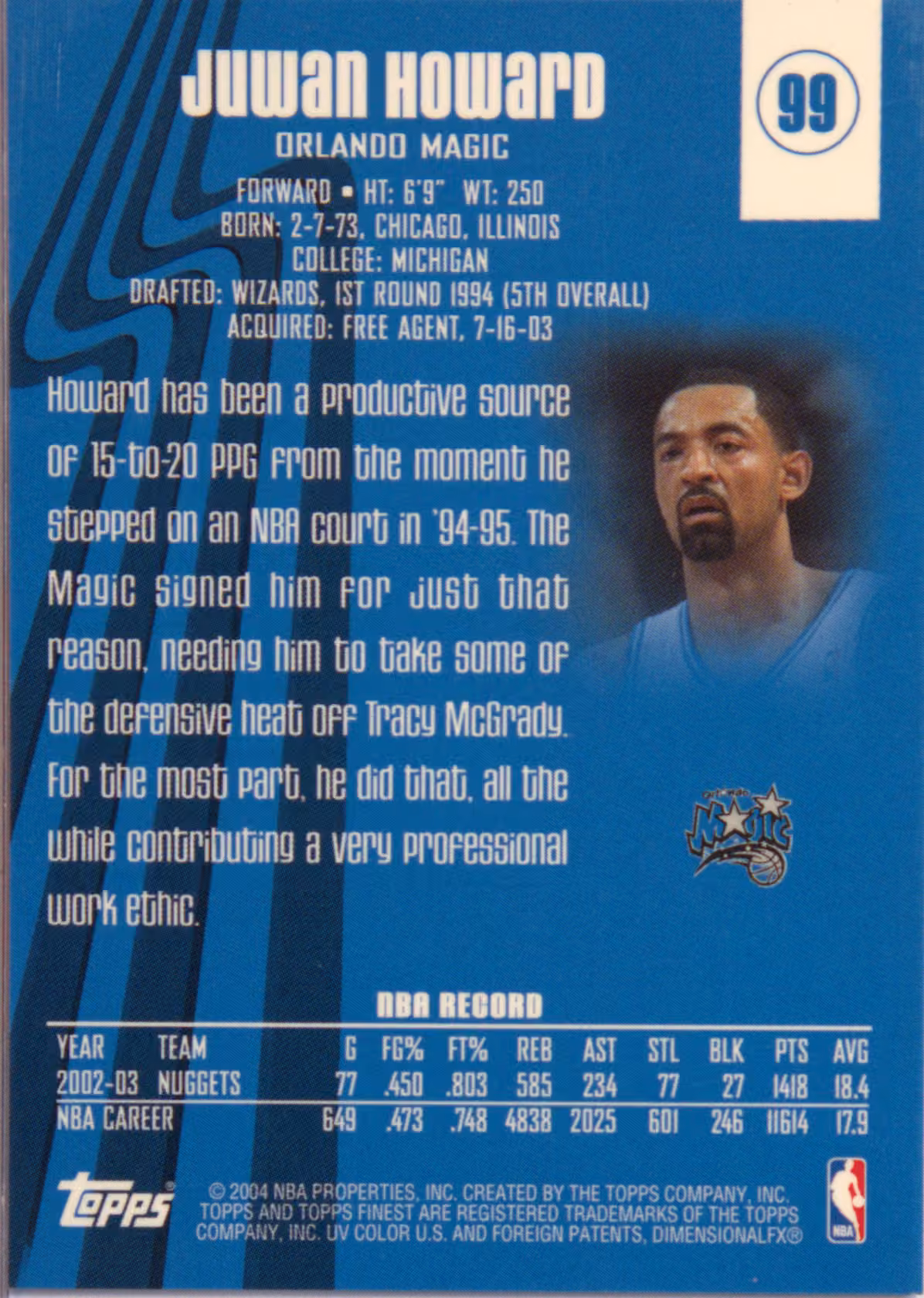 Back scan of 2003-04 Topps Finest Juwan Howard showing stats for Orlando Magic - Juwan Howard Collector Private Collection