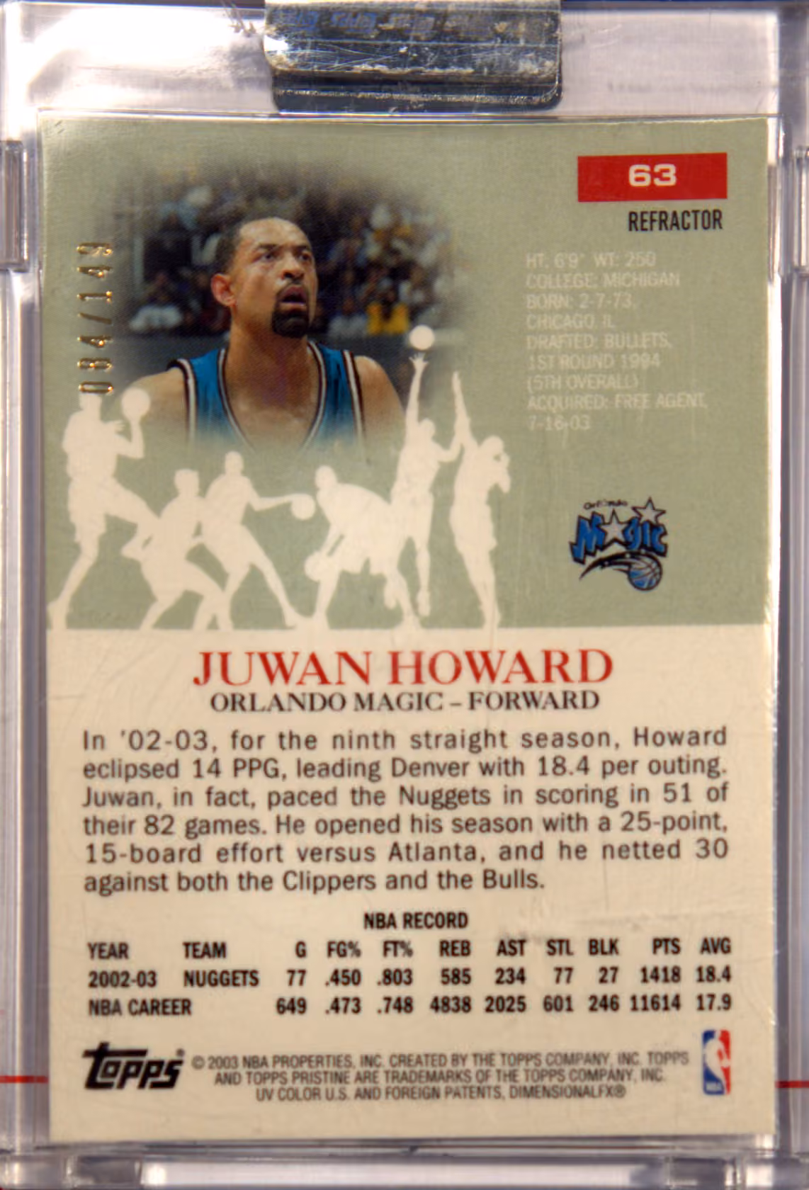 Back scan of 2003-04 Topps Pristine Juwan Howard showing stats for Orlando Magic - Juwan Howard Collector Private Collection