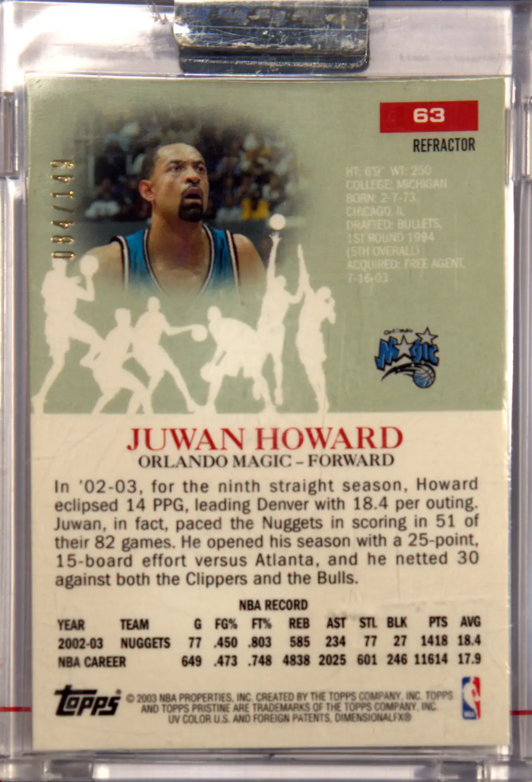 Back view of Juwan Howard 2003-04 Topps Pristine #63 showing stats for Orlando Magic