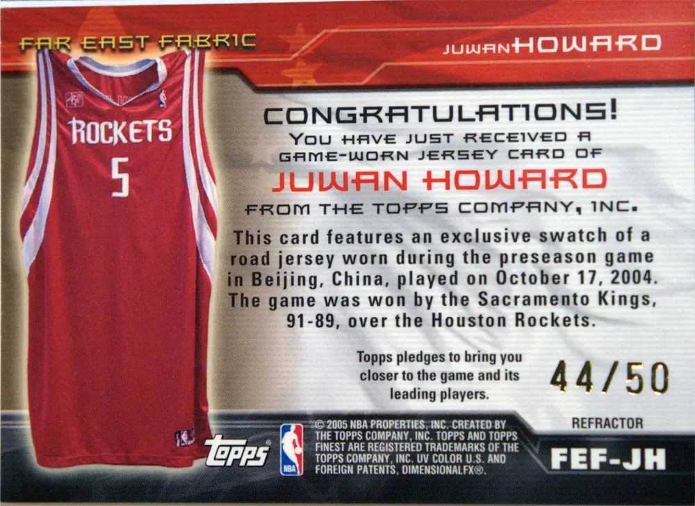 Back view of Juwan Howard 2004-05 Topps Finest #FEF-JH showing stats for Houston Rockets