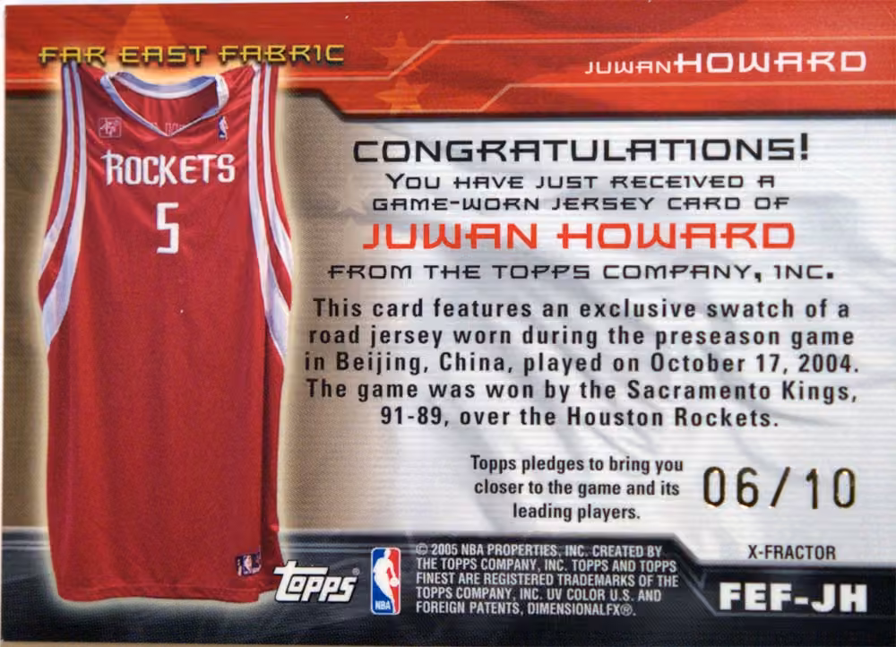 Back scan of 2004-05 Topps Finest Juwan Howard showing stats for Houston Rockets - Juwan Howard Collector Private Collection