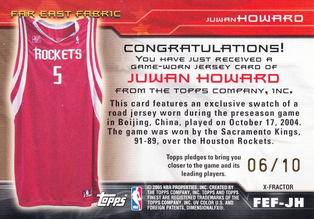 Back view of Juwan Howard 2004-05 Topps Finest #FEF-JH showing stats for Houston Rockets