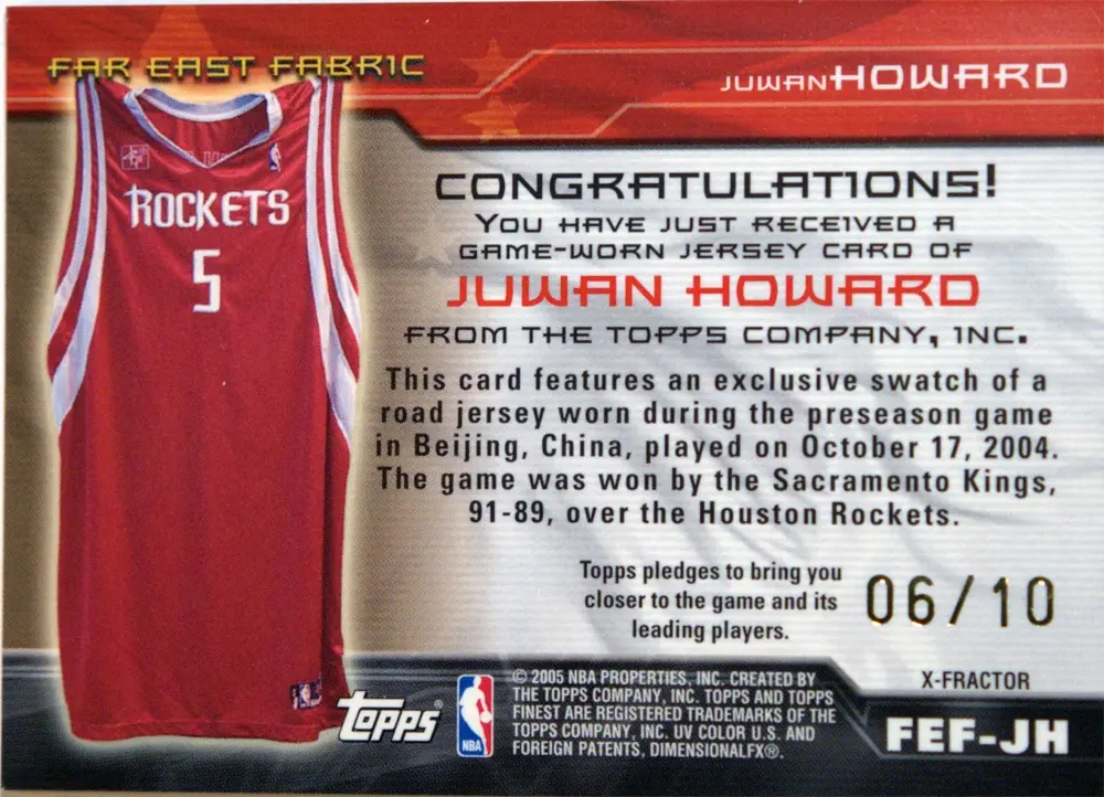 Back view of Juwan Howard 2004-05 Topps Finest #FEF-JH showing stats for Houston Rockets
