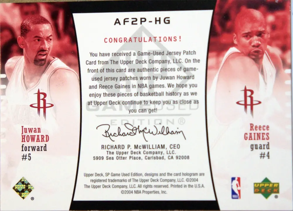 Back view of Juwan Howard 2004-05 SP Game Used Edition #AF2P-HG showing stats for Orlando Magic