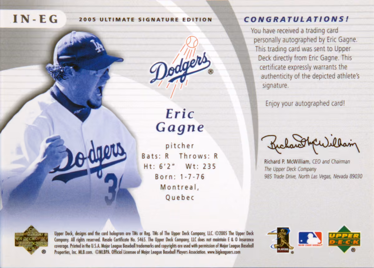 Back scan of 2005 Ultimate Signature Edition Eric "Game Over" Gagne showing stats for Los Angeles Dodgers - Eric "Game Over" Gagne Collector Private Collection