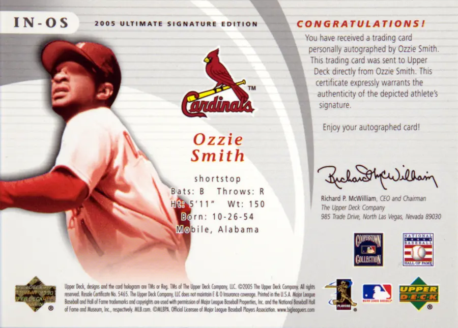 Back scan of Ozzie "The Wiz" Smith 2005 Ultimate Signature Edition #IN-OS showing stats for St. Louis Cardinals - Ozzie "The Wiz" Smith Collector Private Collection