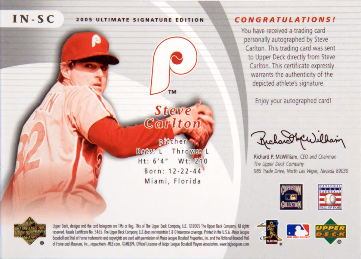 Back scan of 2005 Ultimate Signature Edition Steve "Lefty" Carlton showing stats for Philadelphia Phillies - Steve "Lefty" Carlton Collector Private Collection