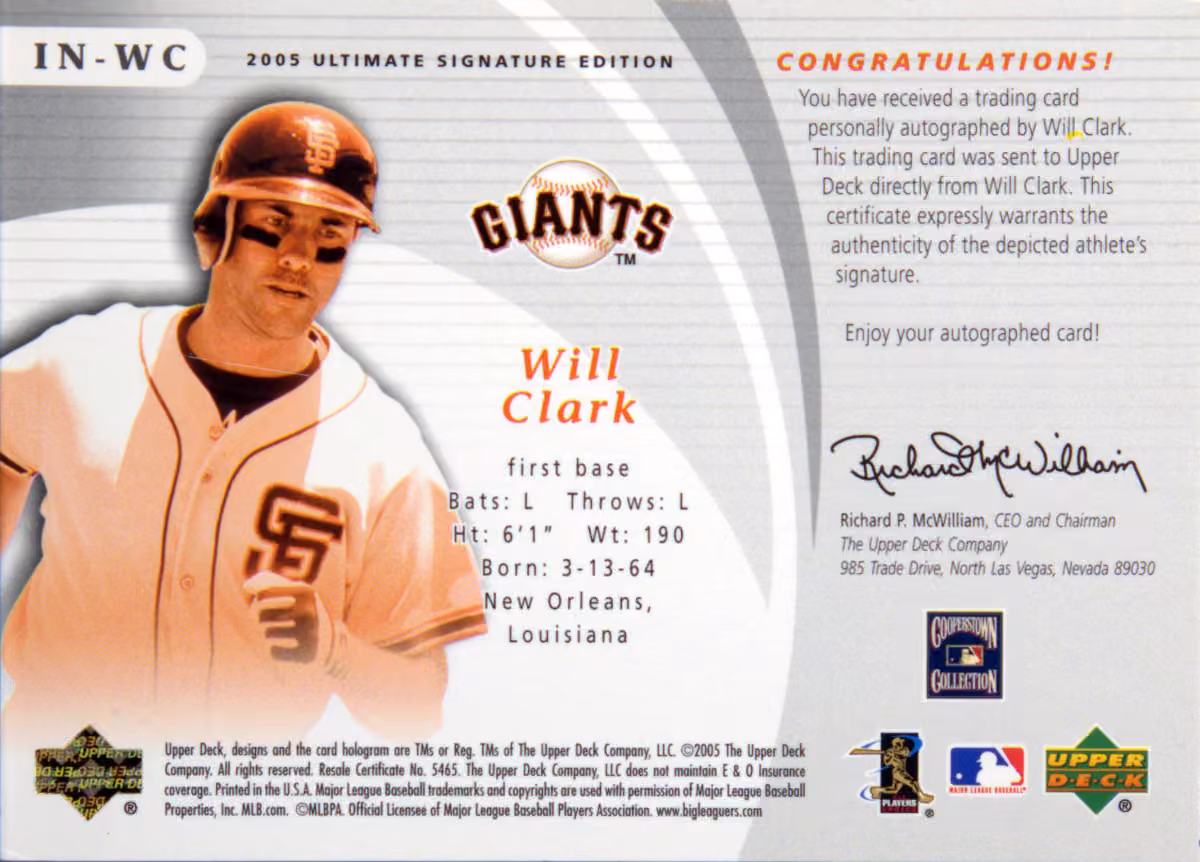 Back scan of 2005 Ultimate Signature Edition Will "The Thrill" Clark showing stats for San Francisco Giants - Will "The Thrill" Clark Collector Private Collection