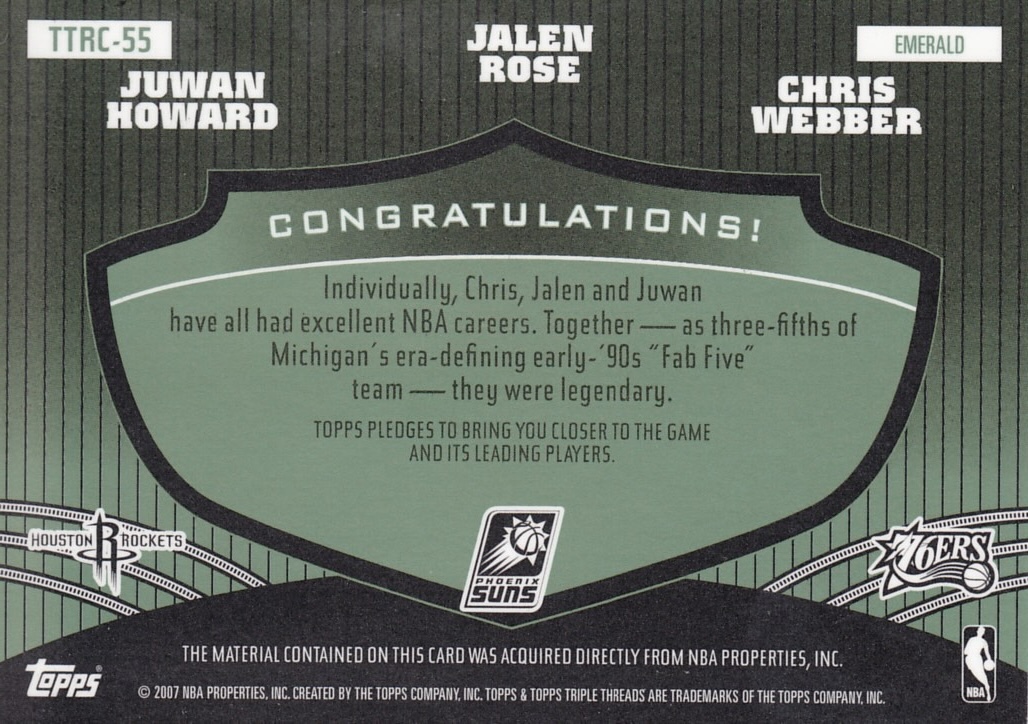 Back view of Juwan Howard 2006-07 Topps Triple Threats #TTRC-55 showing stats for Houston Rockets