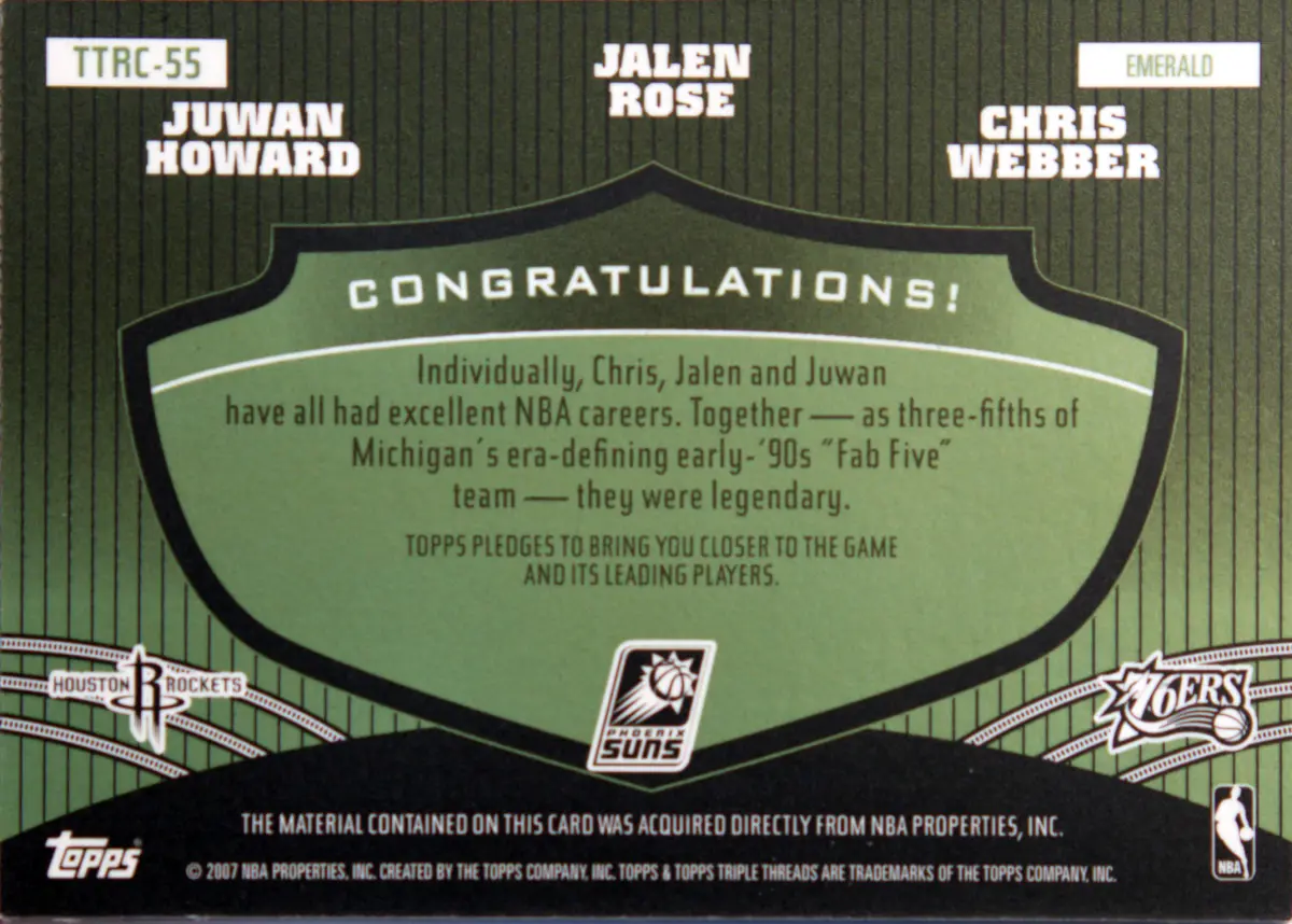 Back view of Juwan Howard 2006-07 Topps Triple Threats #TTRC-55 showing stats for Houston Rockets