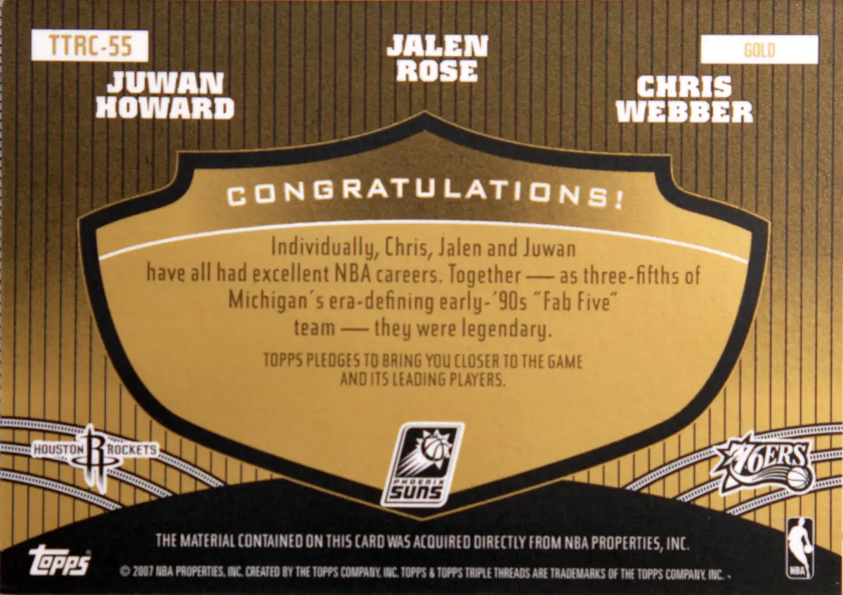 Back view of Juwan Howard 2006-07 Topps Triple Threats #TTRC-55 showing stats for Houston Rockets