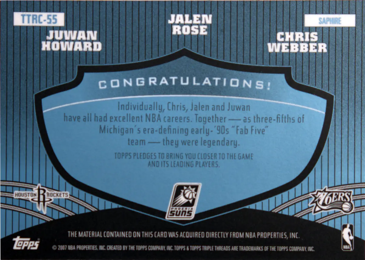 Back view of Juwan Howard 2006-07 Topps Triple Threats #TTRC-55 showing stats for Houston Rockets
