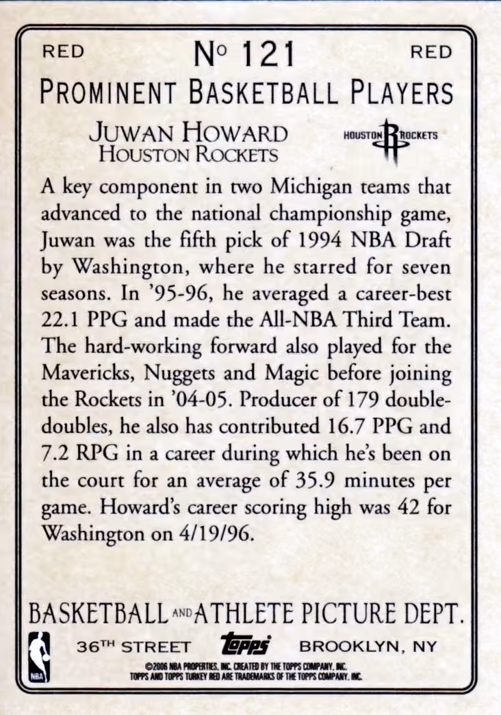 Back scan of 2006-07 Topps Turkey Red Juwan Howard showing stats for Houston Rockets - Juwan Howard Collector Private Collection