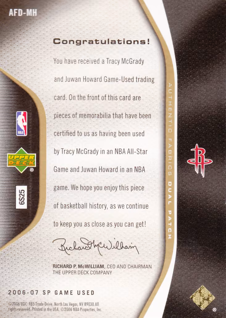 Back scan of 2006-07 SP Game Used Edition Juwan Howard showing stats for Houston Rockets - Juwan Howard Collector Private Collection