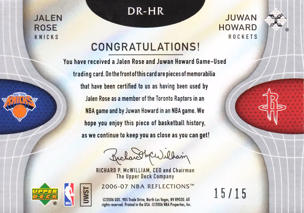Back scan of 2006-07 UD Reflections Juwan Howard showing stats for Houston Rockets - Juwan Howard Collector Private Collection