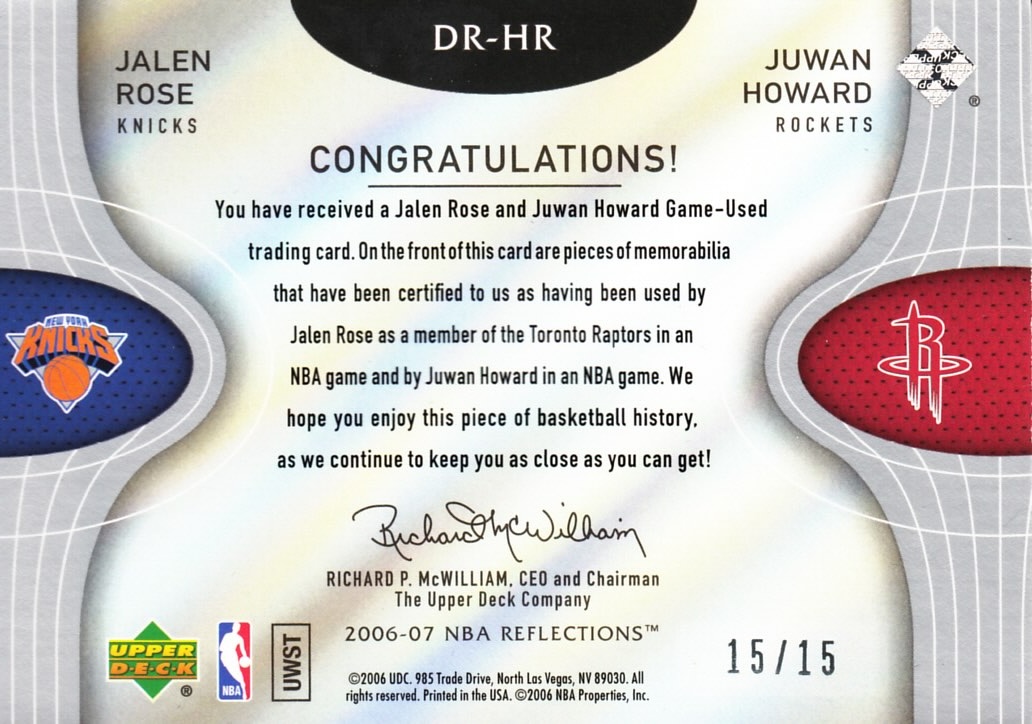 Back view of Juwan Howard 2006-07 UD Reflections #DR-HR showing stats for Houston Rockets