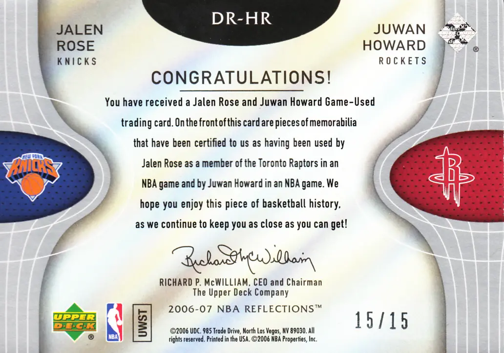 Back view of Juwan Howard 2006-07 UD Reflections #DR-HR showing stats for Houston Rockets