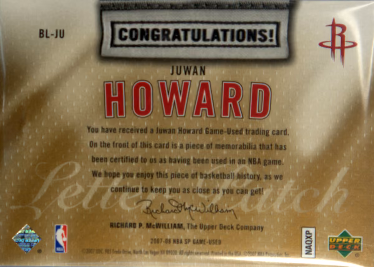 Back scan of 2007-08 SP Game Used Edition Juwan Howard showing stats for Houston Rockets - Juwan Howard Collector Private Collection