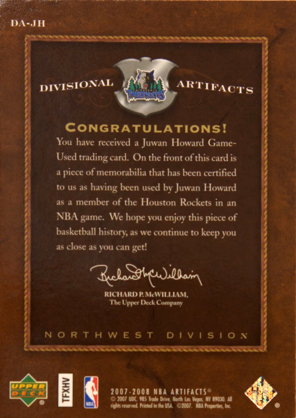 Back scan of 2007-08 UD Artifacts Juwan Howard showing stats for Houston Rockets - Juwan Howard Collector Private Collection