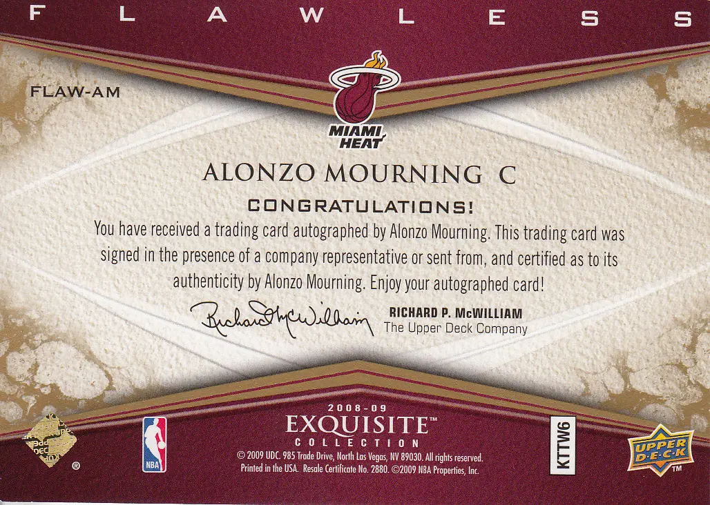 Back view of Alonzo Mourning 2008 Exquisite #FLAW-AM showing stats for Miami Heat