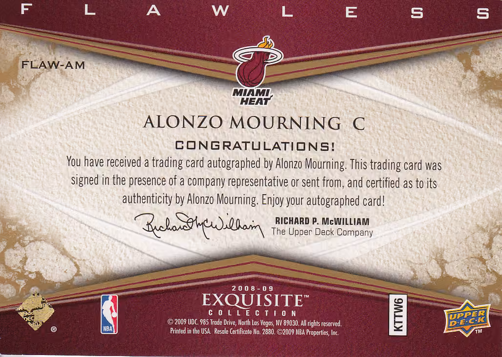 Back scan of 2008 Exquisite Alonzo Mourning showing stats for Miami Heat - Alonzo Mourning Collector Private Collection