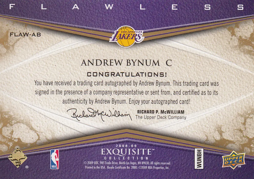 Back view of Andrew Bynum 2008 Exquisite #FLAW-AB showing stats for Los Angeles Lakers