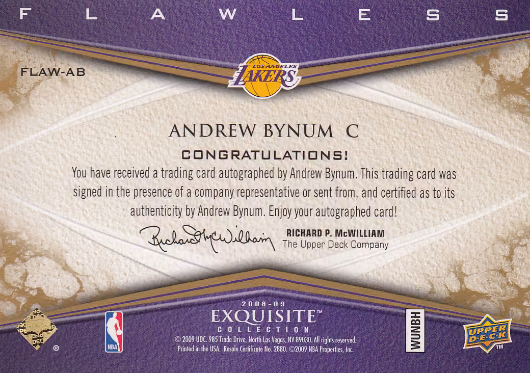 Back scan of 2008 Exquisite Andrew Bynum showing stats for Los Angeles Lakers - Andrew Bynum Collector Private Collection