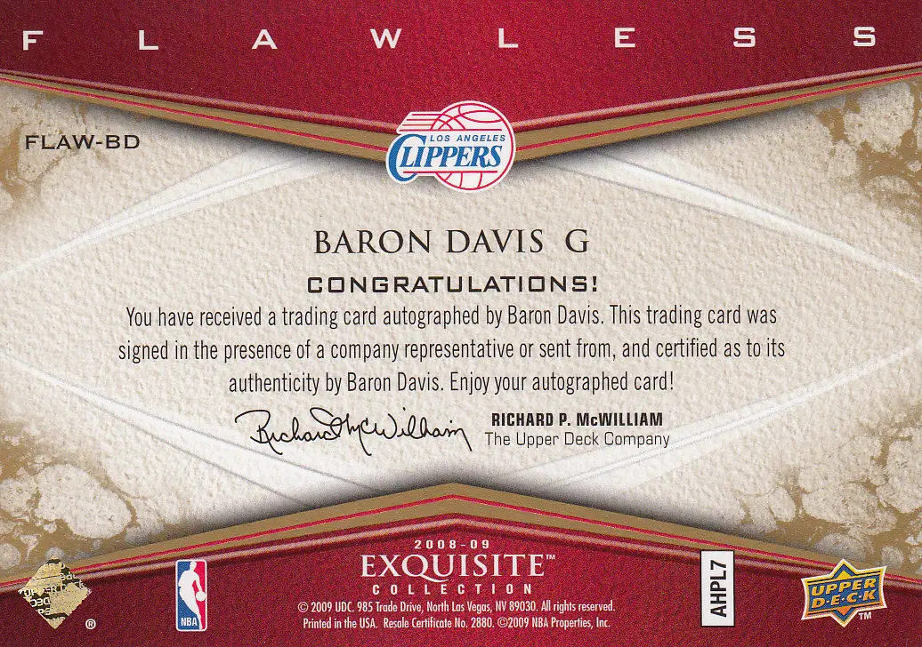 Back view of Baron Davis 2008 Exquisite #FLAW-BD showing stats for Los Angeles Clippers