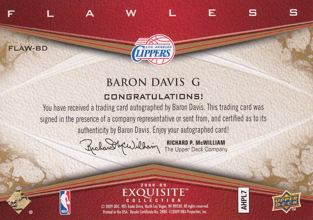 Back scan of 2008 Exquisite Baron Davis showing stats for Los Angeles Clippers - Baron Davis Collector Private Collection