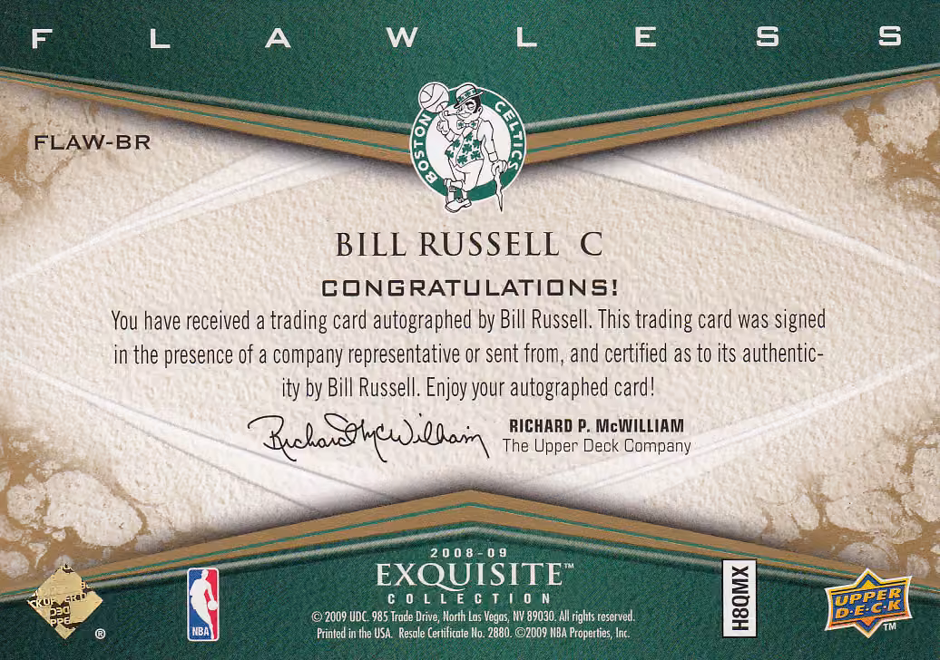 Back scan of 2008 Exquisite Bill Russell showing stats for Boston Celtics - Bill Russell Collector Private Collection