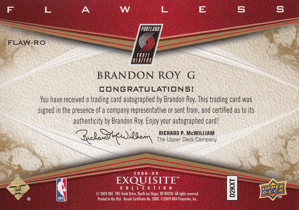 Back view of Brandon Roy 2008 Exquisite #FLAW-BR showing stats for Portland Trail Blazers