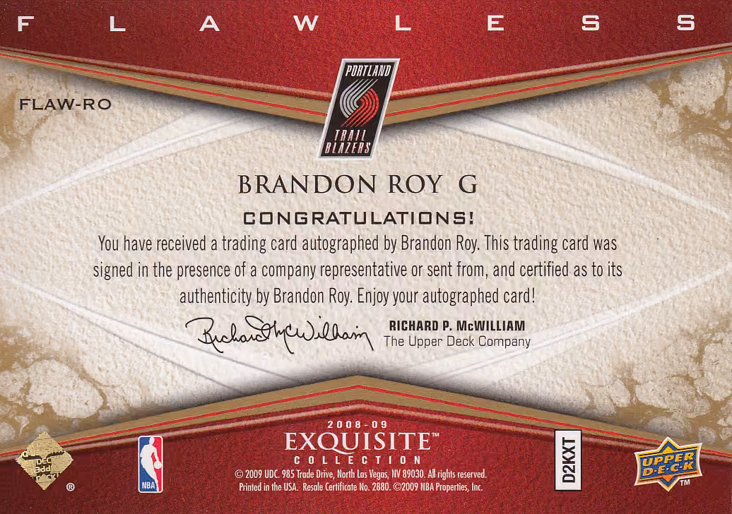 Back scan of 2008 Exquisite Brandon Roy showing stats for Portland Trail Blazers - Brandon Roy Collector Private Collection