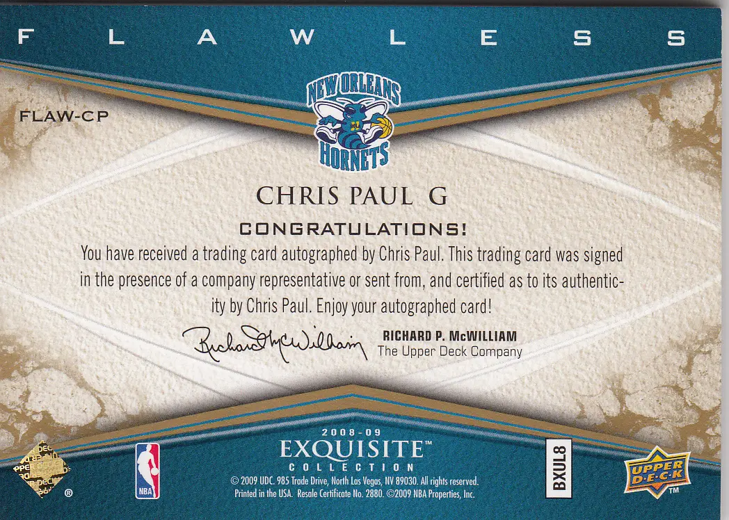 Back view of Chris Paul 2008 Exquisite #FLAW-CP showing stats for New Orleans Hornets