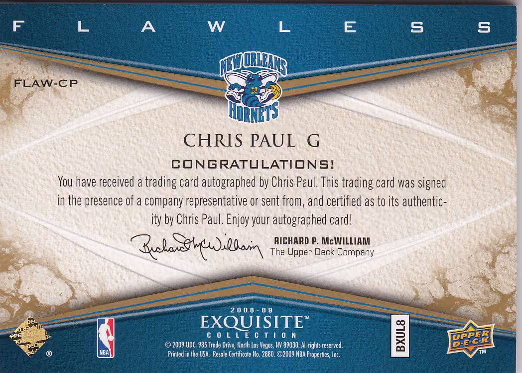 Back scan of 2008 Exquisite Chris Paul showing stats for New Orleans Hornets - Chris Paul Collector Private Collection