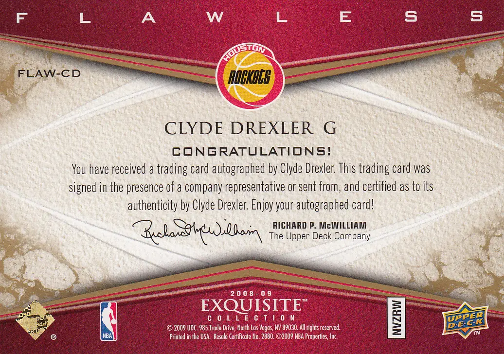 Back view of Clyde Drexler 2008 Exquisite #FLAW-CD showing stats for Houston Rockets