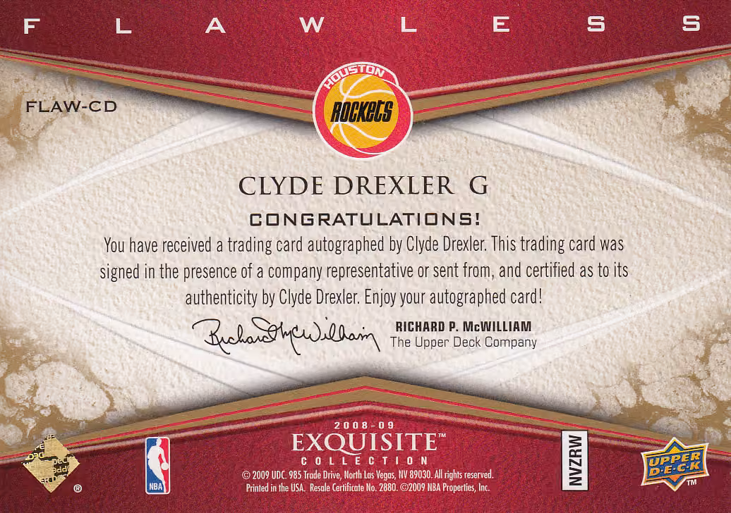 Back scan of 2008 Exquisite Clyde Drexler showing stats for Houston Rockets - Clyde Drexler Collector Private Collection