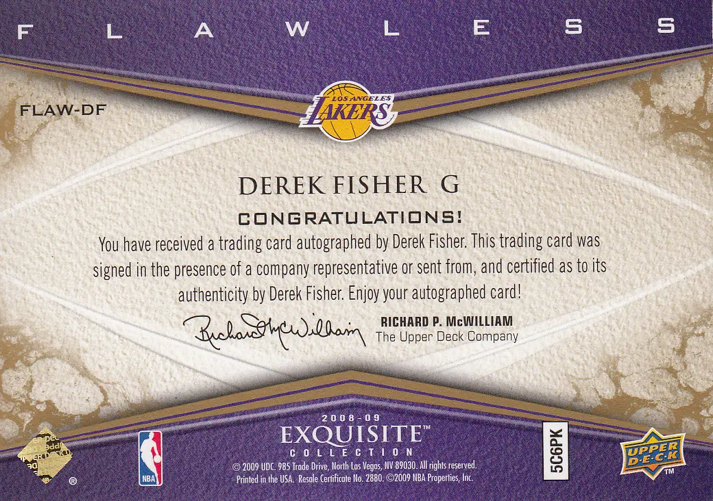 Back view of Derek Fisher 2008 Exquisite #FLAW-DF showing stats for Los Angeles Lakers