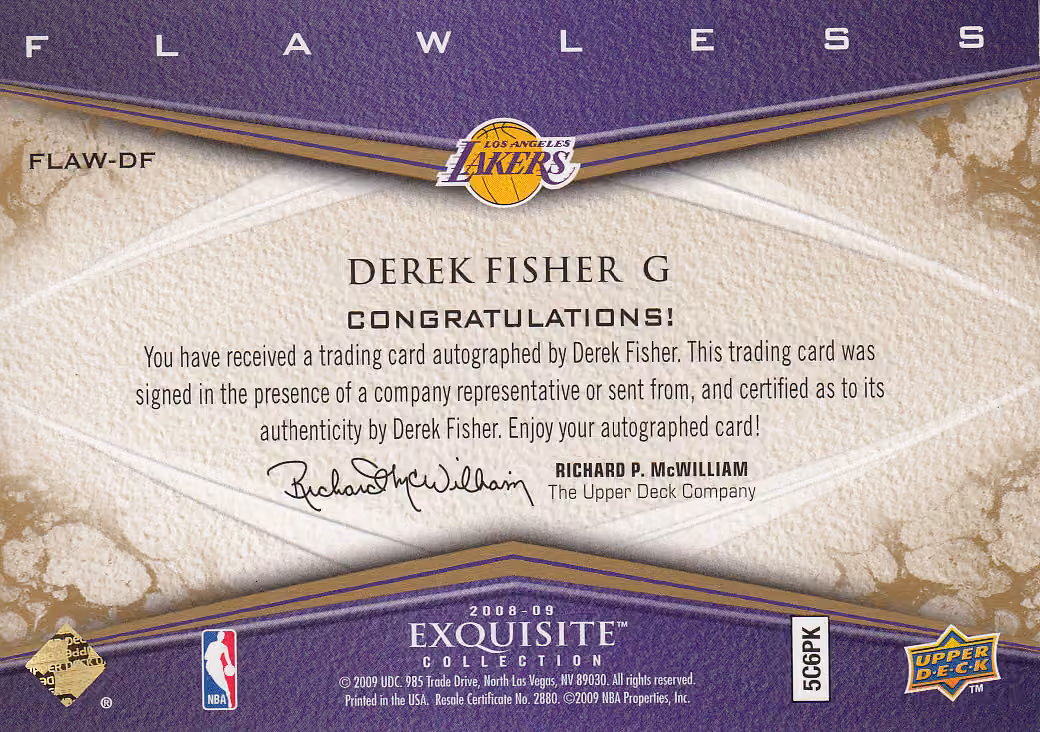 Back scan of 2008 Exquisite Derek Fisher showing stats for Los Angeles Lakers - Derek Fisher Collector Private Collection