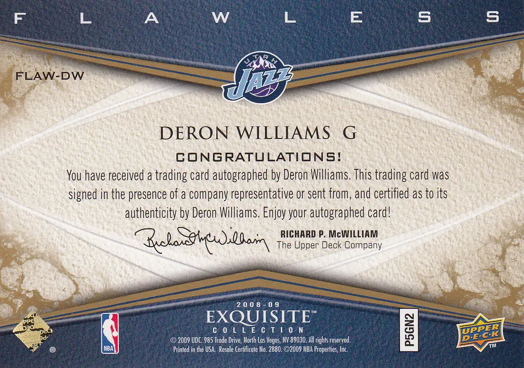 Back view of Deron Williams 2008 Exquisite #FLAW-DW showing stats for Utah Jazz