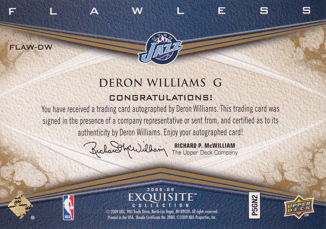 Back scan of 2008 Exquisite Deron Williams showing stats for Utah Jazz - Deron Williams Collector Private Collection