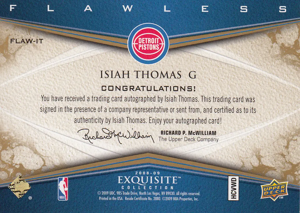 Back view of Isiah Thomas 2008 Exquisite #FLAW-IT showing stats for Detroit Pistons