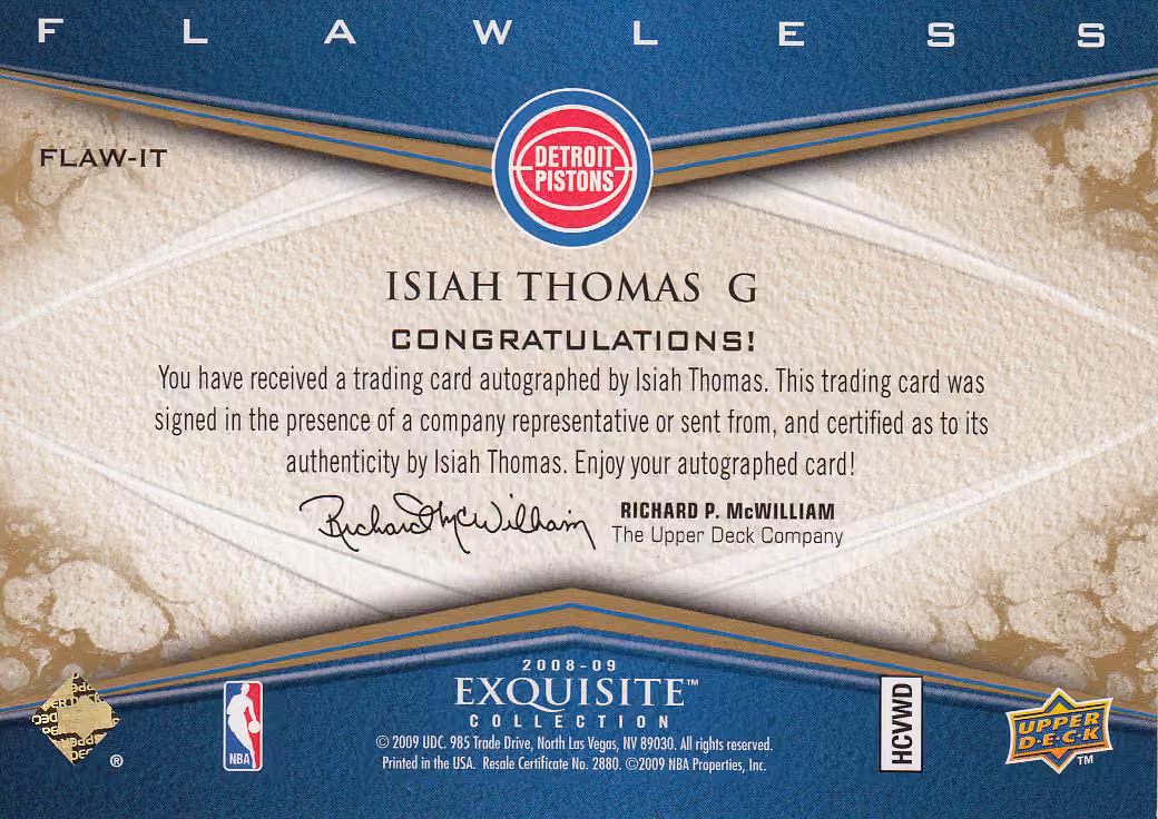 Back scan of 2008 Exquisite Isiah Thomas showing stats for Detroit Pistons - Isiah Thomas Collector Private Collection