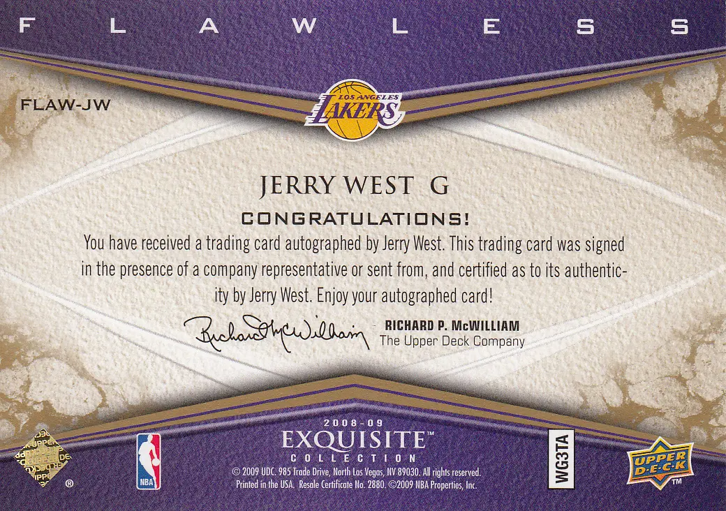 Back view of Jerry West 2008 Exquisite #FLAW-JW showing stats for Los Angeles Lakers