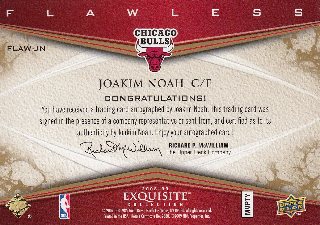 Back view of Joakim Noah 2008 Exquisite #FLAW-JN showing stats for Chicago Bulls