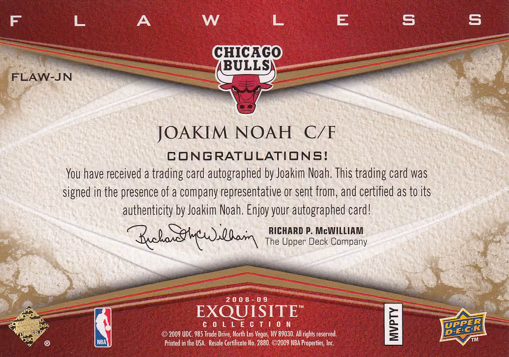 Back scan of 2008 Exquisite Joakim Noah showing stats for Chicago Bulls - Joakim Noah Collector Private Collection