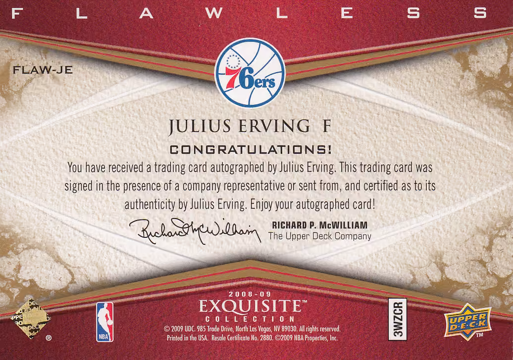 Back scan of 2008 Exquisite Julius Erving showing stats for Philadelphia 76ers - Julius Erving Collector Private Collection