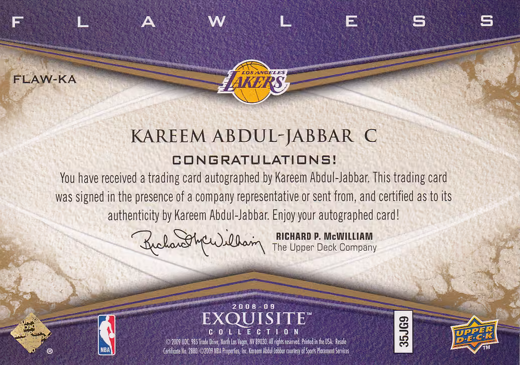Back scan of 2008 Exquisite Kareem Abdul-Jabbar showing stats for Los Angeles Lakers - Kareem Abdul-Jabbar Collector Private Collection