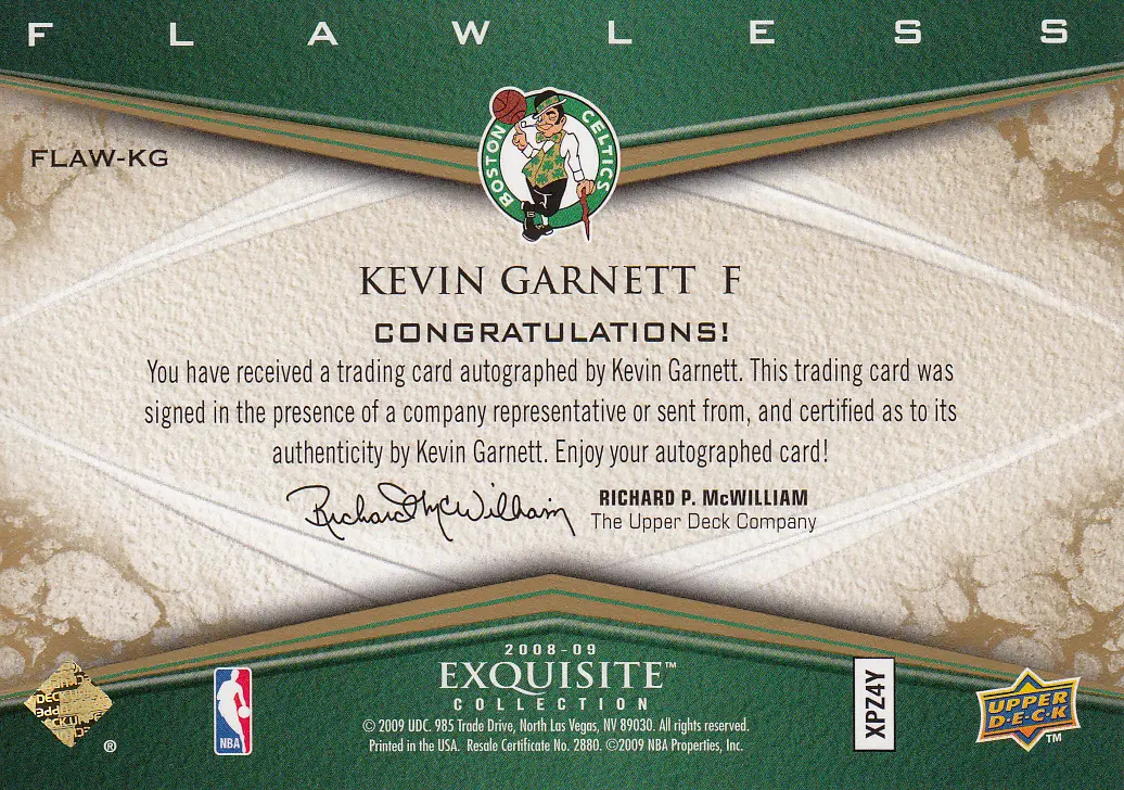 Back view of Kevin Garnett 2008 Exquisite #FLAW-KG showing stats for Boston Celtics