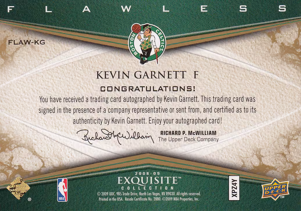Back scan of 2008 Exquisite Kevin Garnett showing stats for Boston Celtics - Kevin Garnett Collector Private Collection